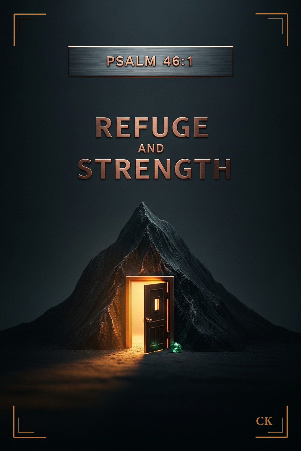 Sanctuary Deck card front, Psalm 46:1, a lit refuge doorway in a mountain