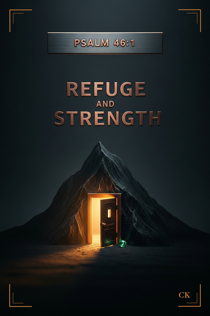 Sanctuary Deck card front, Psalm 46:1, a lit refuge doorway in a mountain