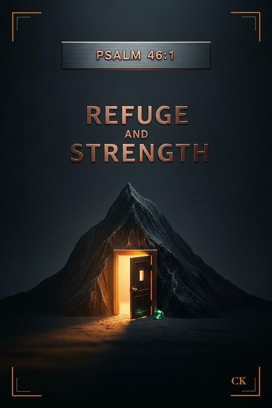 Sanctuary Deck card front, Psalm 46:1, a lit refuge doorway in a mountain