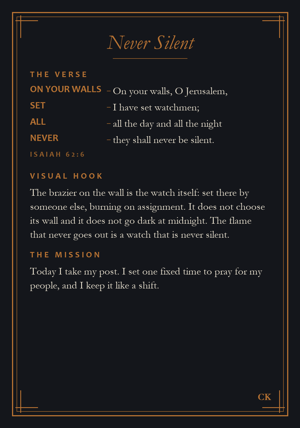 Watchman Deck card back, Isaiah 62:6 broken into copper memory tags